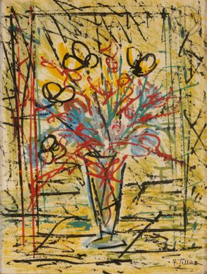 une image d'une peinture de fleurs dans un vase sur une table