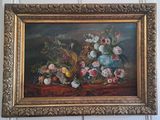 painting of a still life of flowers and fruit on a table
