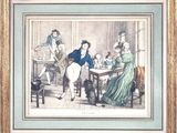 painting of a family gathering in a dining room with a dog sitting at a table