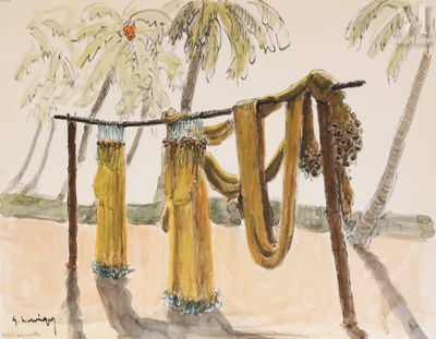 une peinture représentant une corde à linge avec des palmiers en arrière-plan
