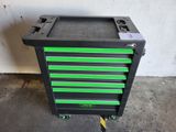 a black and green tool cart with five drawers on wheels