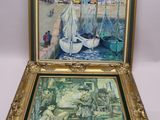tableau représentant une femme dans un bateau amarré à un quai, avec un homme dans un autre bateau en arrière-plan
