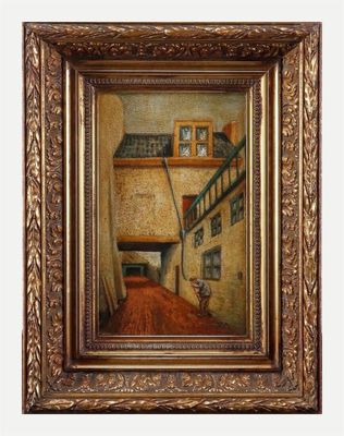 une peinture à l'huile représentant le couloir d'une maison, avec un chat assis par terre