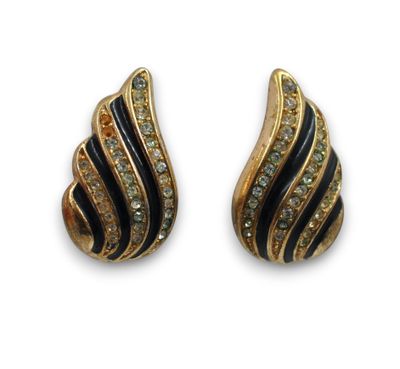 pair of black and gold tone earrings with crystal stones