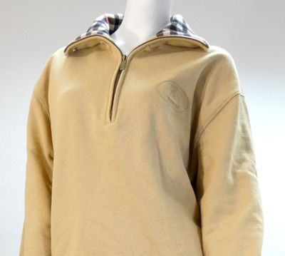 an image of a mannequin wearing a tan sweater with a checkered collar