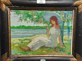 a painting of a woman sitting under a tree with an umbrella