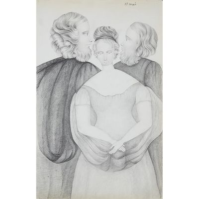 a black and white drawing of three people standing next to each other
