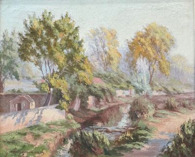 un tableau représentant un petit ruisseau qui traverse un champ