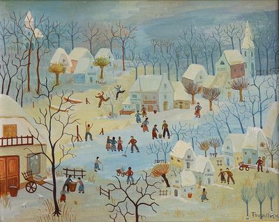 un tableau représentant une scène hivernale où des gens s'amusent dans la neige