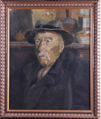 portrait of an old man in a hat and coat in a wooden frame