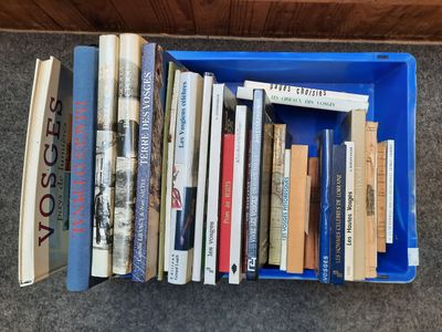 many books in a blue box on the floor