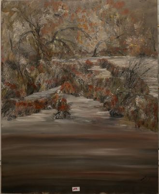 une peinture à l'huile représentant une rivière avec des arbres et des buissons en arrière-plan