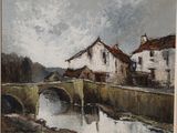 an oil painting of a bridge over a river with buildings in the background