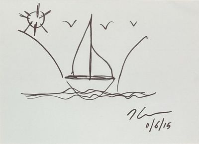 a drawing of a sailboat on the water with birds flying around