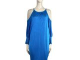 the mannequin is wearing a blue dress on a white background