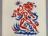 un dessin en rouge et bleu représentant une femme tenant une étoile