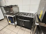 a kitchen with a stove, oven, and stools in it