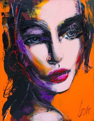 une peinture représentant le visage d'une femme sur un fond orange