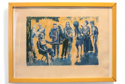 peinture d'un groupe de personnes assises autour d'une table dans une pièce