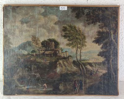 an old painting of a landscape with a castle on a hill