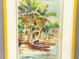 painting of a man in a boat on the water with palm trees