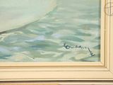 a painting of a person on a surfboard in the water