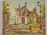 a painting of a house with a red fire hydrant in front of it