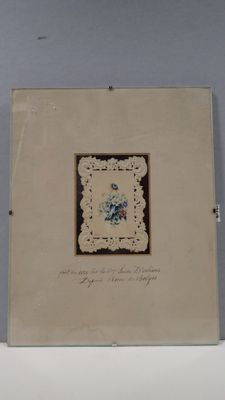 an old book with a picture of a blue flower on it