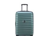 une valise verte à roulettes sur fond blanc