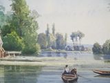 a painting of two people in a boat on the water