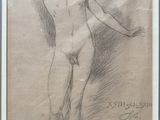 an old drawing of a man standing with his hands on his head