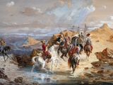 tableau représentant un groupe d'hommes traversant une rivière à cheval