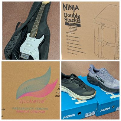 plusieurs photos représentant différents types de chaussures et une guitare dans une boîte