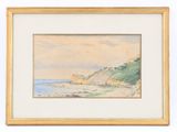 an image of a painting of a beach with a cliff in the background
