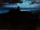 an oil painting of a castle on a hill with a full moon in the sky