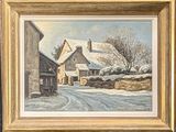 an oil painting of a snowy country road with a house in the background