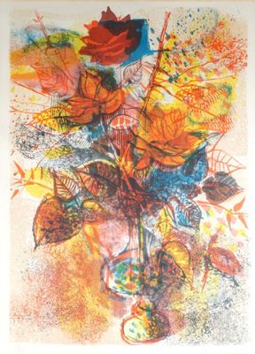 une image d'une peinture de fleurs dans un vase sur une table