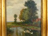 an oil painting of ducks in a pond with a house in the background