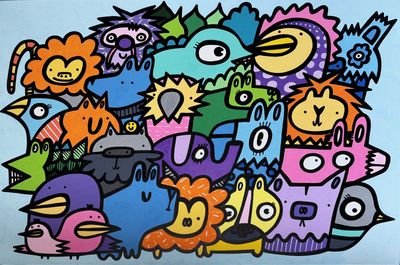 a painting of a bunch of cartoon characters on the wall