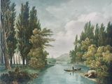 a painting of a man and a woman in a boat on a river
