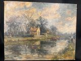 un vieux tableau représentant une maison au bord d'une rivière, avec un bateau dans l'eau
