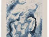 a blue and white drawing of a woman holding a cat