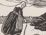 dessin représentant une femme marchant sur une plage avec une canne