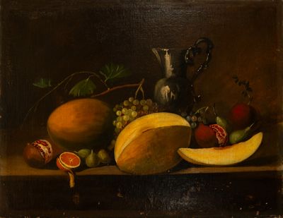 peinture d'une nature morte de fruits et d'un pichet sur une table