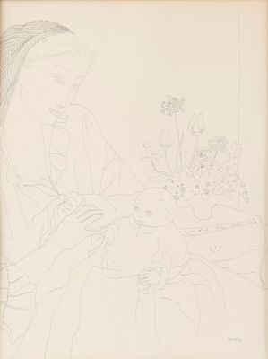 dessin d'une femme assise à une table avec un vase de fleurs