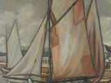 a painting of a sailboat on the water with other boats in the background