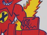 painting of a red devil with a yellow tail and a yellow tail