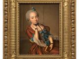 a painting of a woman in a red dress holding a pipe