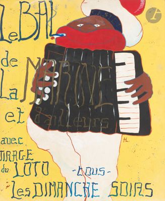 un tableau représentant une femme jouant de l'accordéon sur un fond jaune