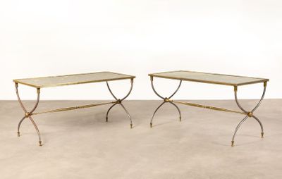pair of brass and glass side tables